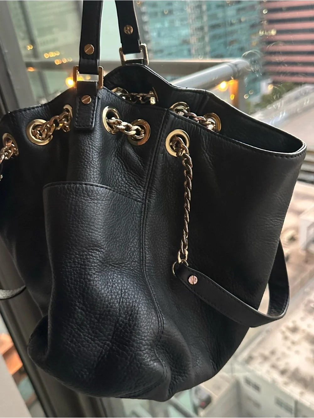 Michael Kors Black Leather Shoulder Bag with Gold Hardware